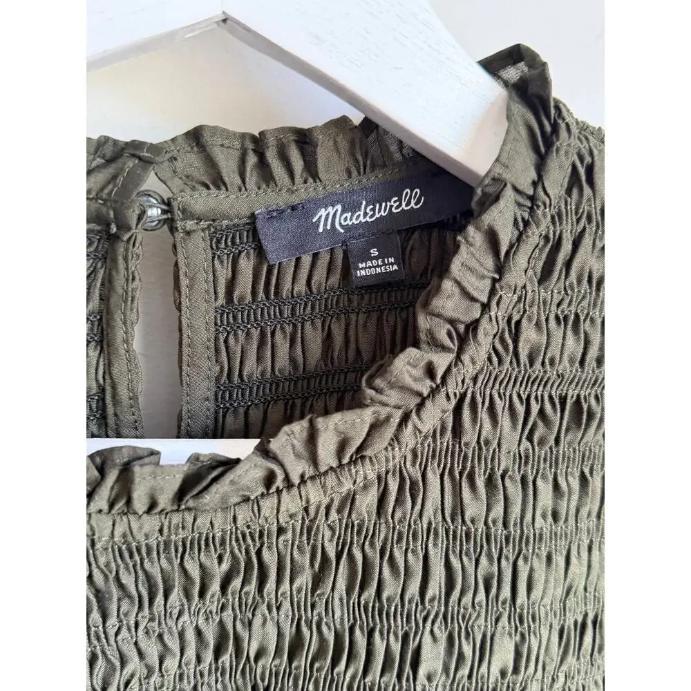 Madewell Smocked High-Neck Long-Sleeve Blouse Top Midnight Olive Womens Small